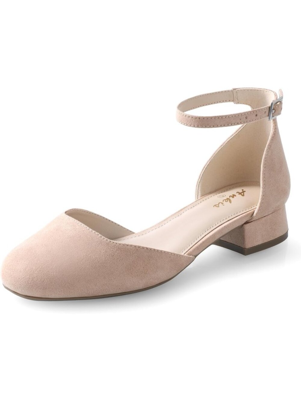 〽️Women's Nude Suede Closed Toe 1 Inch Flat Low Block Heel Ankle Strap Shoes
